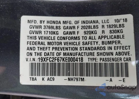 2019 Honda Civic Lx z USA, uszkodzony, nr VIN 19XFC2F67KE000418